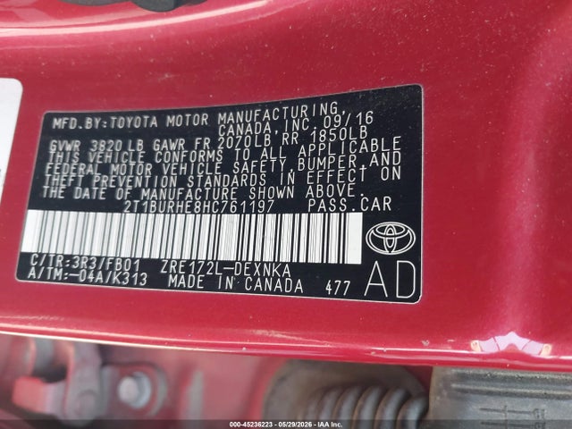 Aukcja sprzedaży 2017 Toyota Corolla Le, vin: 2T1BURHE8HC761197, numer aukcji: 45236223