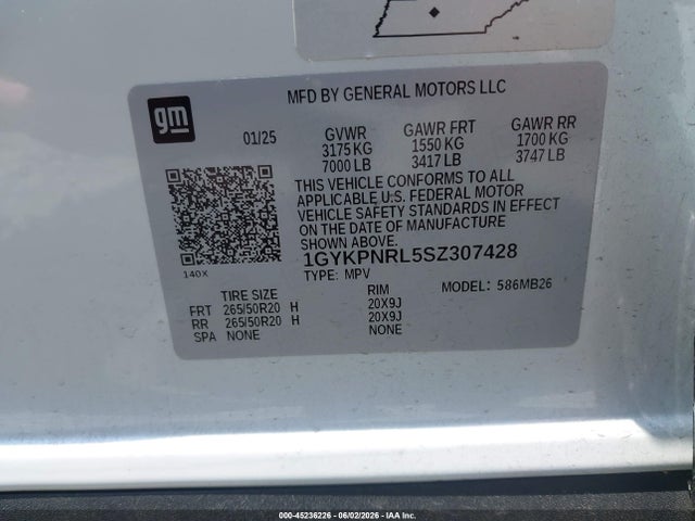 45236226 :رقم المزاد ، 1GYKPNRL5SZ307428 vin ، 2025 Cadillac Lyriq Luxury 1 Rwd مزاد بيع
