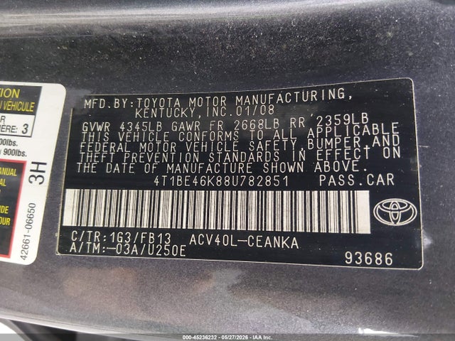 Продажа на аукционе авто 2008 Toyota Camry Le, vin: 4T1BE46K88U782851, номер лота: 45236232