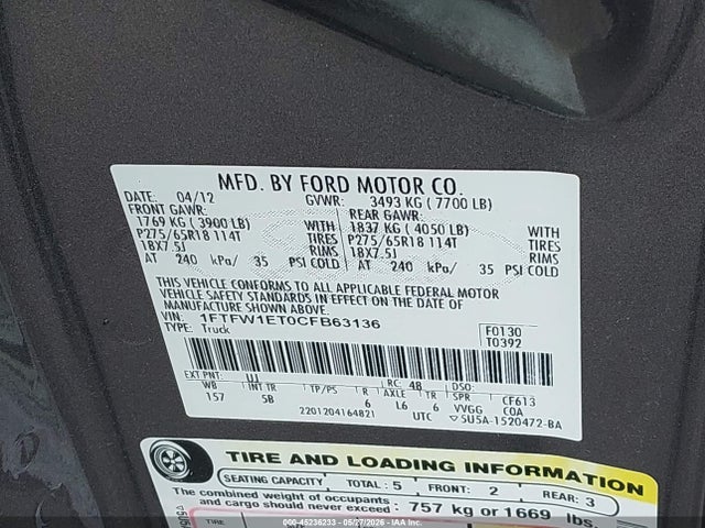 45236233 :رقم المزاد ، 1FTFW1ET0CFB63136 vin ، 2012 Ford F-150 Fx4 مزاد بيع