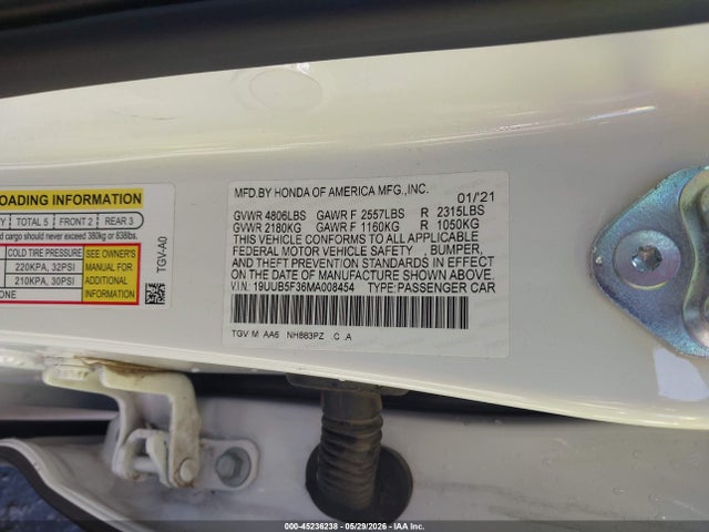 2021 Acura Tlx Standard მანქანა იყიდება აუქციონზე, vin: 19UUB5F36MA008454, აუქციონის ნომერი: 45236238