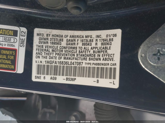 Продаж на аукціоні авто 2006 Honda Civic Ex, vin: 1HGFA16836L047087, номер лоту: 45236242