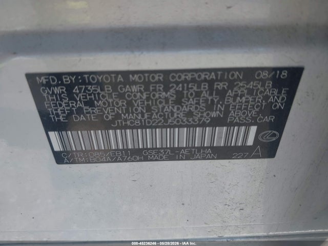 Aukcja sprzedaży 2018 Lexus Is 300, vin: JTHC81D22J5033379, numer aukcji: 45236246