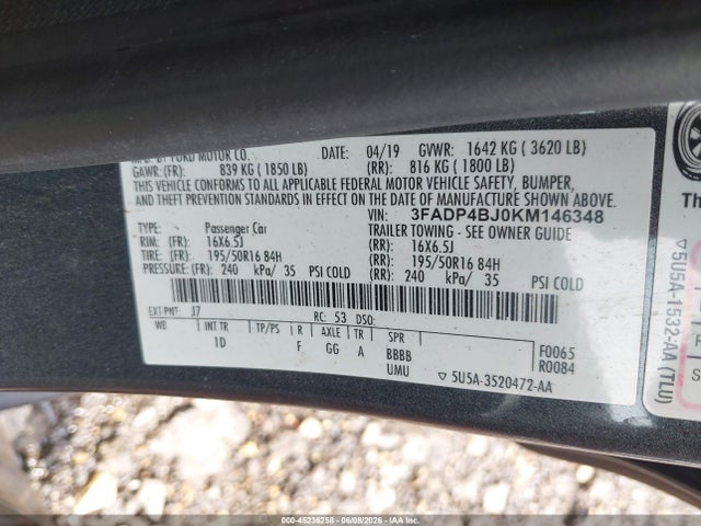 Aukcja sprzedaży 2019 Ford Fiesta Se, vin: 3FADP4BJ0KM146348, numer aukcji: 45236258