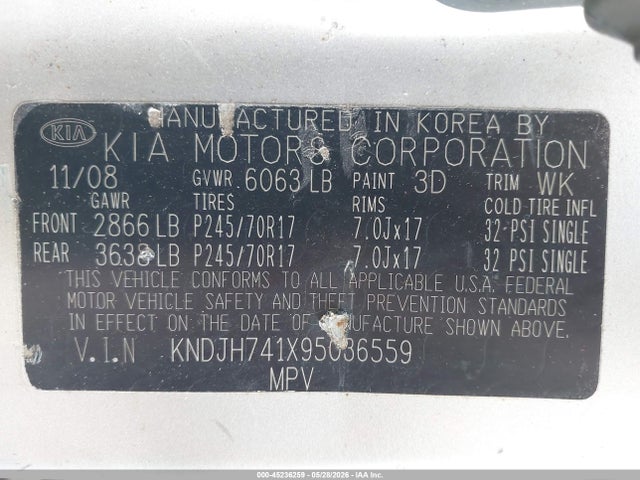 45236259 :رقم المزاد ، KNDJH741X95036559 vin ، 2009 Kia Borrego Ex V6 مزاد بيع
