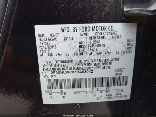 Продажа на аукционе авто 2007 Ford Edge Sel Plus, vin: 2FMDK39C87BA93042, номер лота: 45236283
