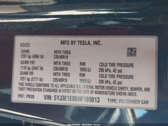 45236294 :رقم المزاد ، 5YJ3E1EB8NF189813 vin ، 2022 Tesla Model 3 Long Range Dual Motor All-wheel Drive مزاد بيع