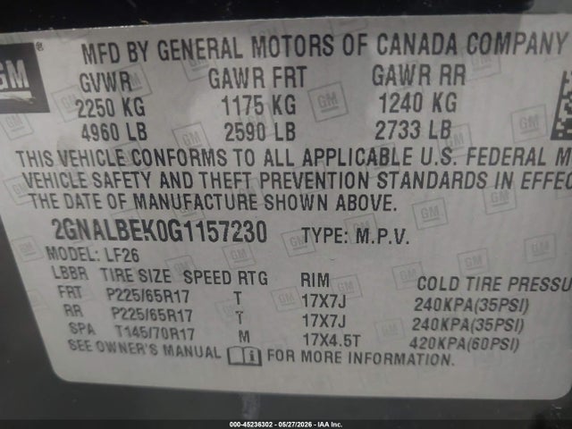 Aukcja sprzedaży 2016 Chevrolet Equinox Ls, vin: 2GNALBEK0G1157230, numer aukcji: 45236302