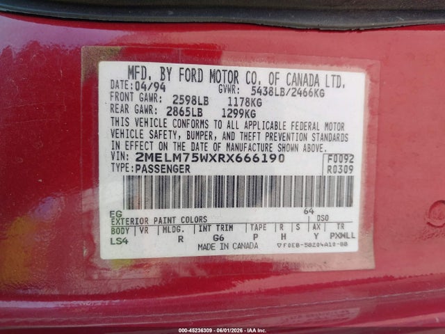 Продаж на аукціоні авто 1994 Mercury Grand Marquis Ls, vin: 2MELM75WXRX666190, номер лоту: 45236309