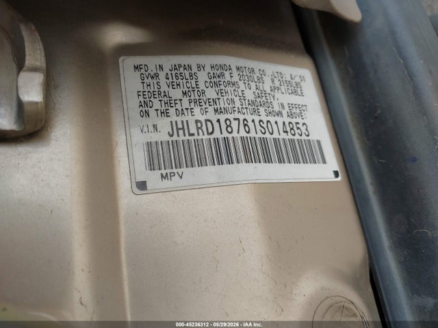 2001 Honda Cr-v Special Edition მანქანა იყიდება აუქციონზე, vin: JHLRD18761S014853, აუქციონის ნომერი: 45236312