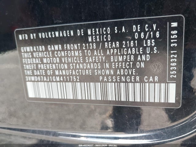45236327 :رقم المزاد ، 3VWD67AJ1GM411752 vin ، 2016 Volkswagen Jetta 1.4t Se مزاد بيع