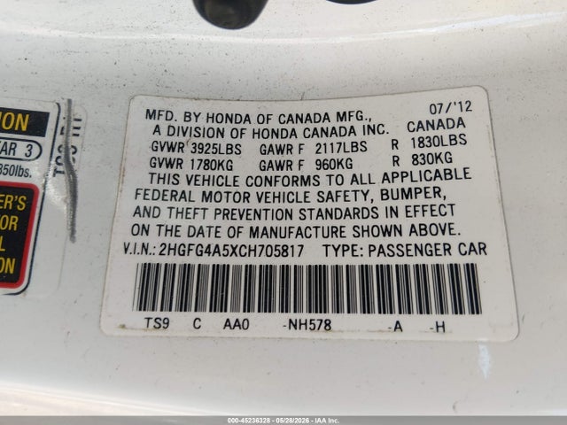 Продажа на аукционе авто 2012 Honda Civic Si, vin: 2HGFG4A5XCH705817, номер лота: 45236328
