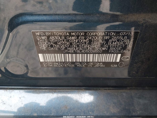 45236337 :رقم المزاد ، JTHBE1BL4D5026552 vin ، 2013 Lexus Gs 350 مزاد بيع