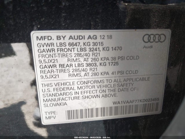 2019 Audi Q7 55 Premium მანქანა იყიდება აუქციონზე, vin: WA1VAAF77KD023455, აუქციონის ნომერი: 45236354