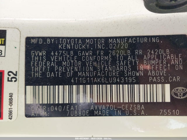 Toyota CAMRY SE 2020 4T1G11AK6LU943195 Image 9