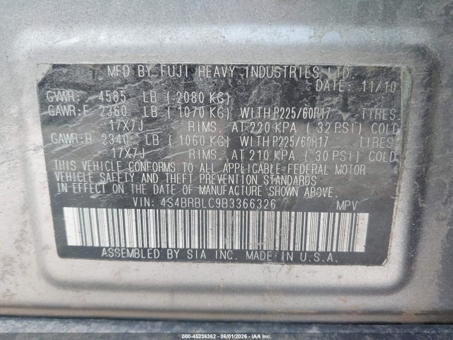 Aukcja sprzedaży 2011 Subaru Outback 2.5i Limited, vin: 4S4BRBLC9B3366326, numer aukcji: 45236362