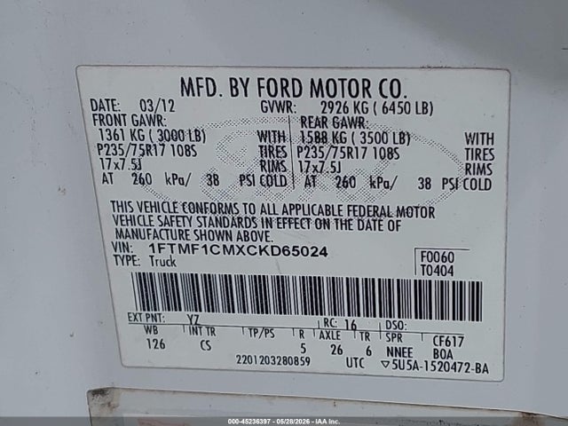 Aukcja sprzedaży 2012 Ford F-150 Xl, vin: 1FTMF1CMXCKD65024, numer aukcji: 45236397
