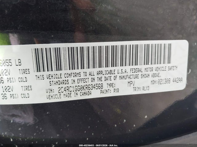 Aukcja sprzedaży 2019 Chrysler Pacifica Limited, vin: 2C4RC1GG0KR634568, numer aukcji: 45236403