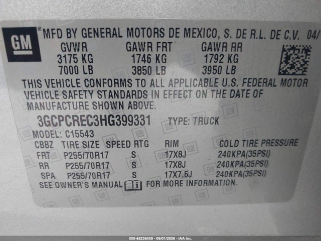 2017 Chevrolet Silverado 1500 1lt მანქანა იყიდება აუქციონზე, vin: 3GCPCREC3HG399331, აუქციონის ნომერი: 45236409