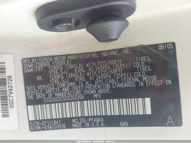2005 Toyota Sienna Xle Limited მანქანა იყიდება აუქციონზე, vin: 5TDZA22C55S350266, აუქციონის ნომერი: 45236415