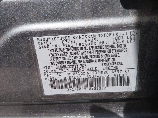 2021 Nissan Sentra Sv Xtronic Cvt მანქანა იყიდება აუქციონზე, vin: 3N1AB8CV2MY310525, აუქციონის ნომერი: 45236428