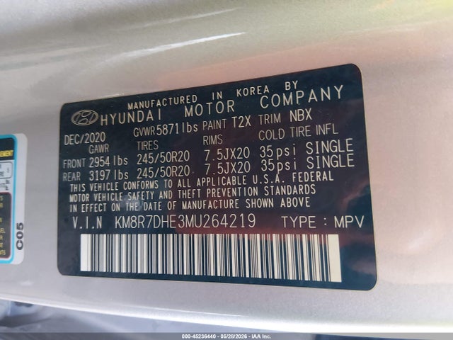 Aukcja sprzedaży 2021 Hyundai Palisade Calligraphy, vin: KM8R7DHE3MU264219, numer aukcji: 45236440
