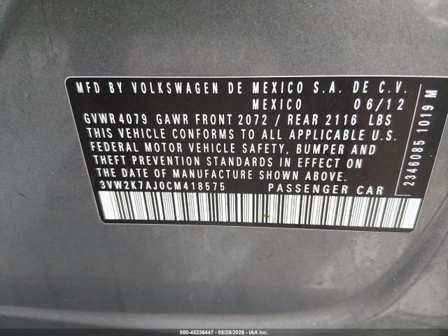 2012 Volkswagen Jetta 2.0l S მანქანა იყიდება აუქციონზე, vin: 3VW2K7AJ0CM418575, აუქციონის ნომერი: 45236447