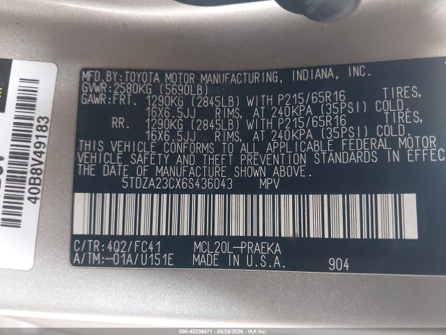 Aukcja sprzedaży 2006 Toyota Sienna Le, vin: 5TDZA23CX6S436043, numer aukcji: 45236471