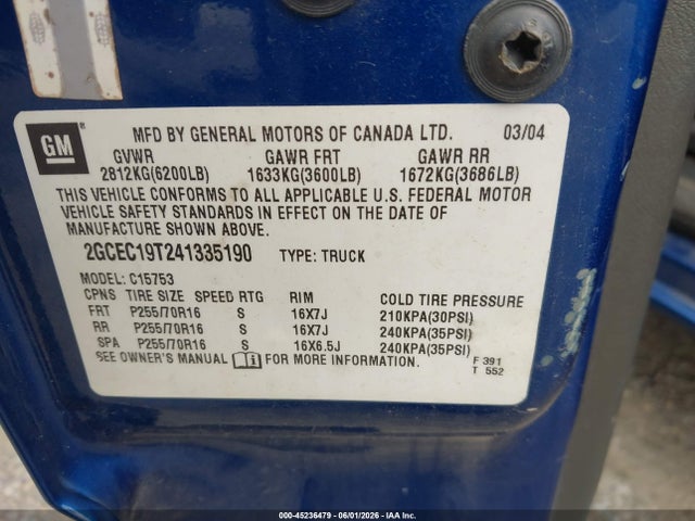 Продаж на аукціоні авто 2004 Chevrolet Silverado 1500 Ls, vin: 2GCEC19T241335190, номер лоту: 45236479