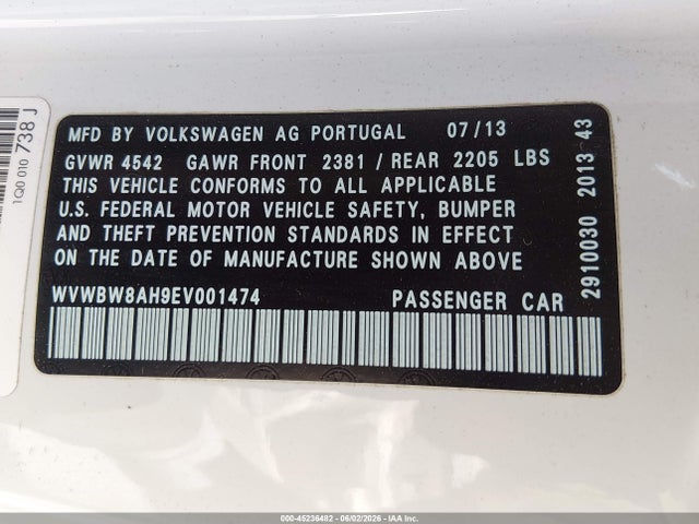 2014 Volkswagen Eos Sport მანქანა იყიდება აუქციონზე, vin: WVWBW8AH9EV001474, აუქციონის ნომერი: 45236482