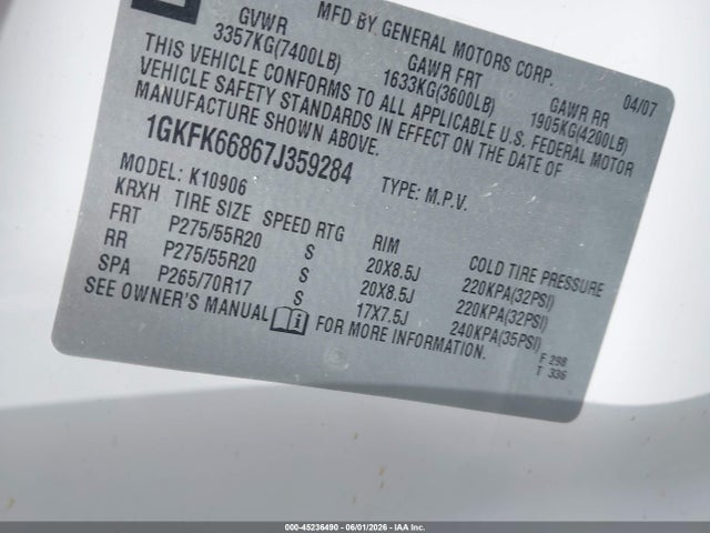 2007 Gmc Yukon Xl 1500 Denali მანქანა იყიდება აუქციონზე, vin: 1GKFK66867J359284, აუქციონის ნომერი: 45236490