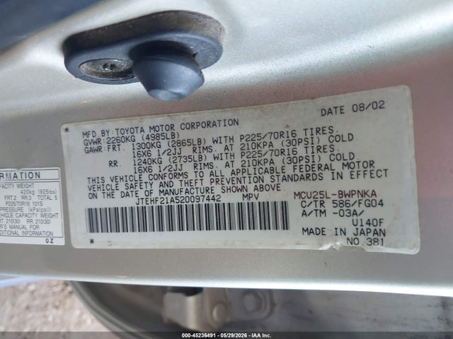 Aukcja sprzedaży 2002 Toyota Highlander V6, vin: JTEHF21A520097442, numer aukcji: 45236491
