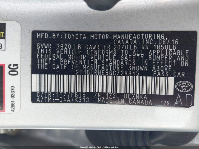 Продаж на аукціоні авто 2016 Toyota Corolla Le, vin: 2T1BURHE8GC728845, номер лоту: 45236496