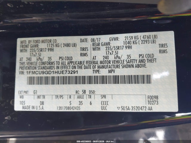 Aukcja sprzedaży 2017 Ford Escape Se, vin: 1FMCU9GD1HUE73291, numer aukcji: 45236503