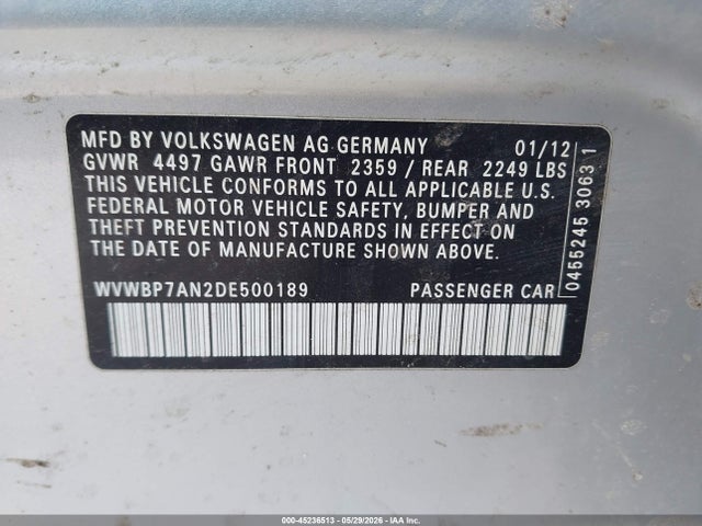 45236513 :رقم المزاد ، WVWBP7AN2DE500189 vin ، 2013 Volkswagen Cc 2.0t Sport Plus مزاد بيع