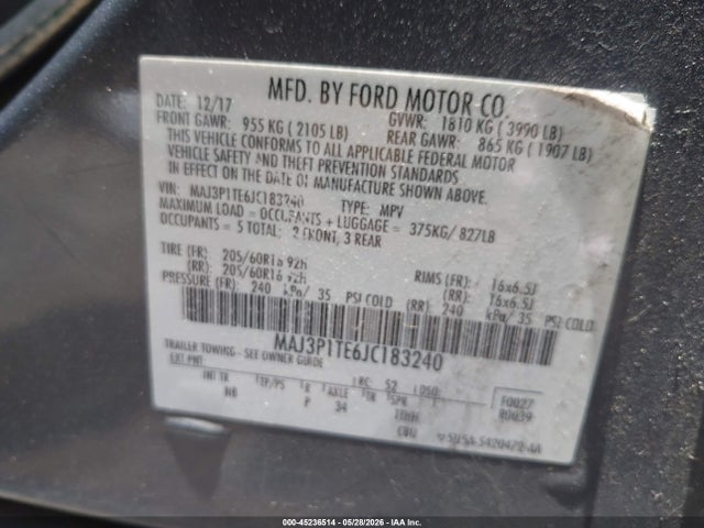 45236514 :رقم المزاد ، MAJ3P1TE6JC183240 vin ، 2018 Ford Ecosport Se مزاد بيع