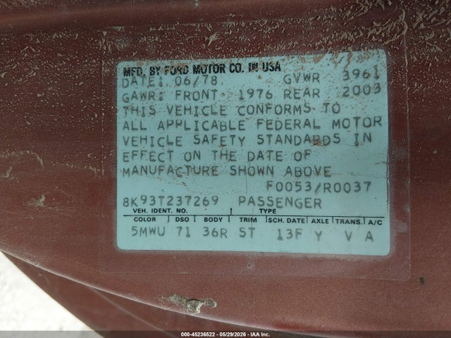 45236522 :رقم المزاد ، 8K93T237269 vin ، 1978 Ford Fairmont مزاد بيع
