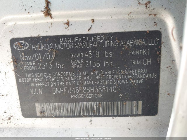 45236531 :رقم المزاد ، 5NPEU46F88H388140 vin ، 2008 Hyundai Sonata Limited V6/se V6 مزاد بيع
