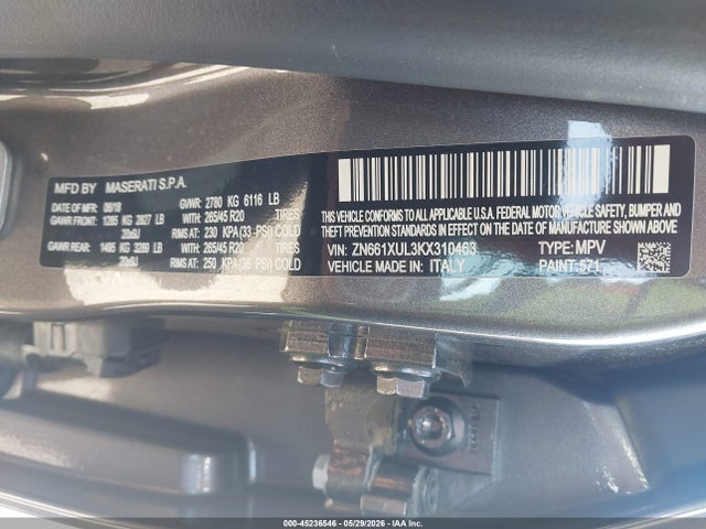 Продажа на аукционе авто 2019 Maserati Levante Granlusso, vin: ZN661XUL3KX310463, номер лота: 45236546