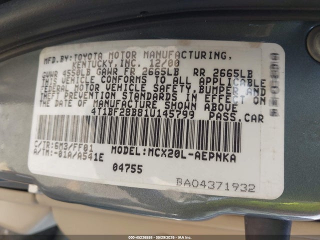 2001 Toyota Avalon Xl მანქანა იყიდება აუქციონზე, vin: 4T1BF28B81U145799, აუქციონის ნომერი: 45236558