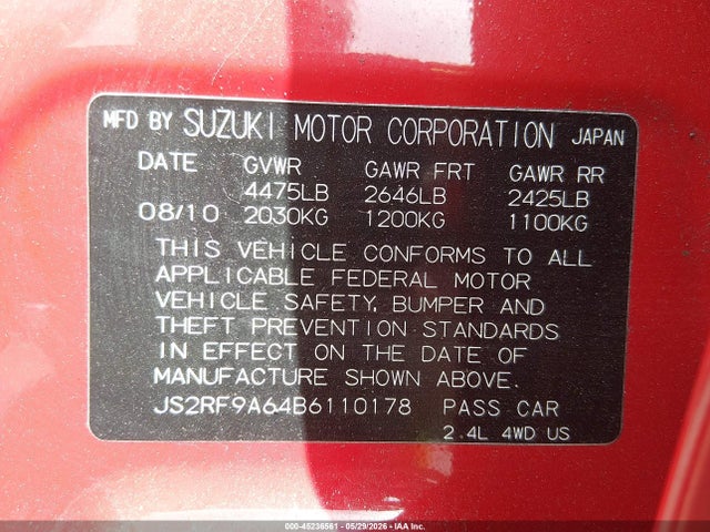 2011 Suzuki Kizashi Sport Gts მანქანა იყიდება აუქციონზე, vin: JS2RF9A64B6110178, აუქციონის ნომერი: 45236561