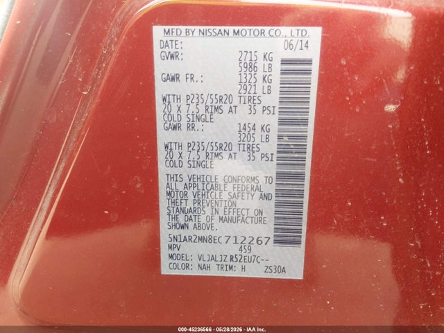 Продаж на аукціоні авто 2014 Nissan Pathfinder Platinum, vin: 5N1AR2MN8EC712267, номер лоту: 45236566