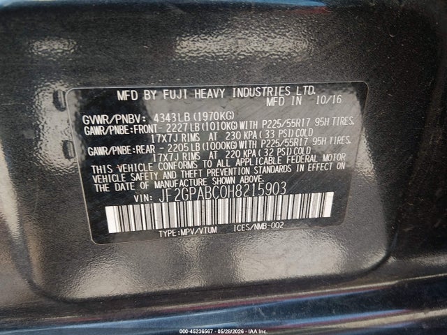 45236567 :رقم المزاد ، JF2GPABC0H8215903 vin ، 2017 Subaru Crosstrek 2.0i Premium مزاد بيع