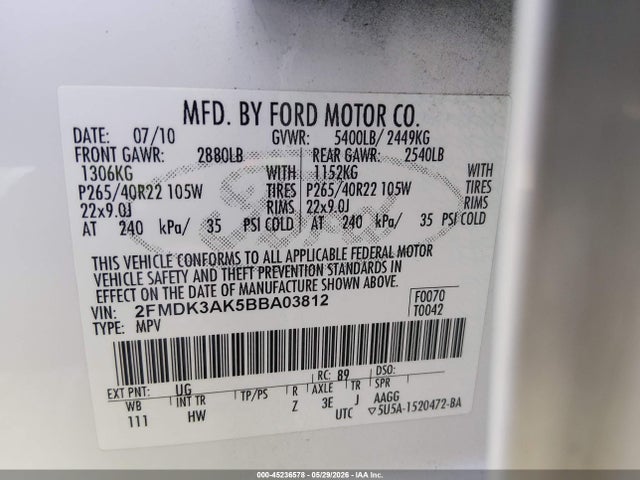 45236578 :رقم المزاد ، 2FMDK3AK5BBA03812 vin ، 2011 Ford Edge Sport مزاد بيع