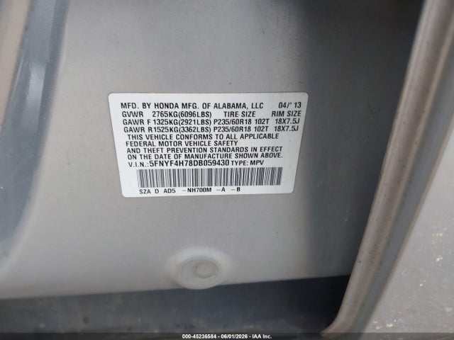 Продажа на аукционе авто 2013 Honda Pilot Ex-l, vin: 5FNYF4H78DB059430, номер лота: 45236584