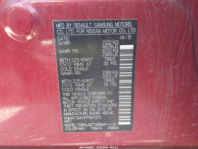 2015 Nissan Rogue Sv მანქანა იყიდება აუქციონზე, vin: KNMAT2MV1FP557271, აუქციონის ნომერი: 45236591