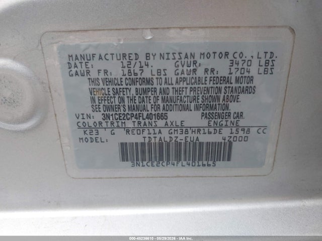 45236610 :رقم المزاد ، 3N1CE2CP4FL401665 vin ، 2015 Nissan Versa Note S (sr)/s Plus/sl/sr/sv مزاد بيع