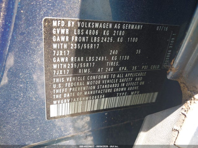 45236617 :رقم المزاد ، WVGRV7AX6HW506594 vin ، 2017 Volkswagen Tiguan 2.0t Wolfsburg Edition مزاد بيع