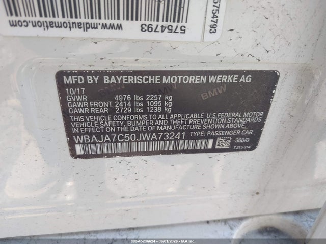 2018 Bmw 530i Xdrive მანქანა იყიდება აუქციონზე, vin: WBAJA7C50JWA73241, აუქციონის ნომერი: 45236624