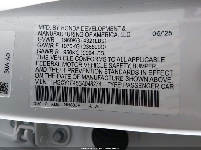 1HGCY1F45SA048274 Honda ACCORD SE
